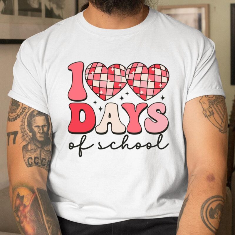 100 Days Of School Retro Disco Hearts 100Th Day Of School Unisex T-Shirt Cotton Tee