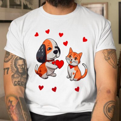 A Dog That Offers A Red Heart For Me A Cat On A Valentine Unisex T-Shirt Cotton Tee