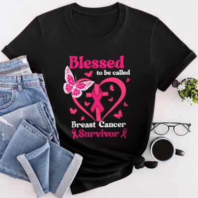 Blessed To Be Called Breast Cancer Survivor Pink Butterfly Unisex T-Shirt Cotton Tee THM1112