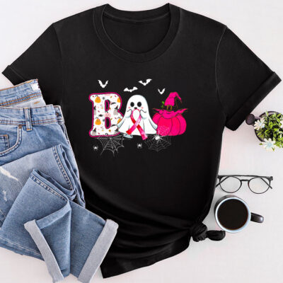 Boo Halloween Pumpkin Pink Ribbon Witch Breast Cancer Unisex T-Shirt Cotton Tee THM1118