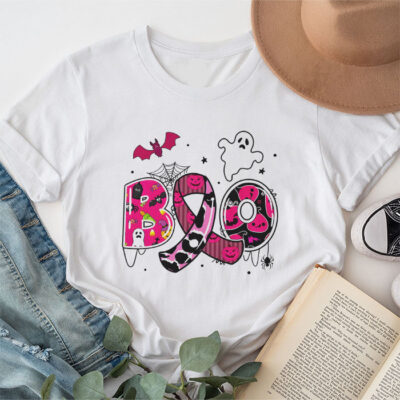 Boo Halloween Pumpkin Pink Ribbon Witch Breast Cancer Unisex T-Shirt Cotton Tee THM1119