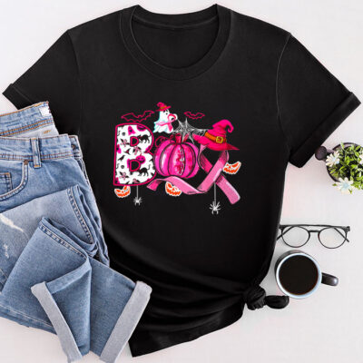 Boo Halloween Pumpkin Pink Ribbon Witch Breast Cancer Unisex T-Shirt Cotton Tee THM1120