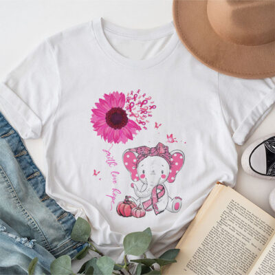 Breast Cancer Cute Elephant With Sunflower And Pink Ribbon Unisex T-Shirt Cotton Tee THM1099