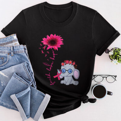 Breast Cancer Cute Elephant With Sunflower And Pink Ribbon Unisex T-Shirt Cotton Tee THM1101