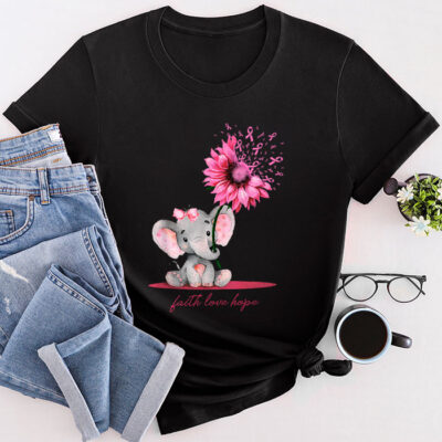 Breast Cancer Cute Elephant With Sunflower And Pink Ribbon Unisex T-Shirt Cotton Tee THM1103