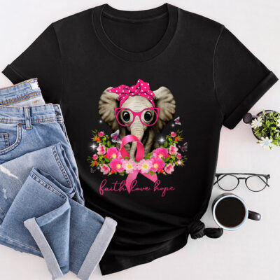 Breast Cancer Cute Elephant With Sunflower And Pink Ribbon Unisex T-Shirt Cotton Tee THM1105