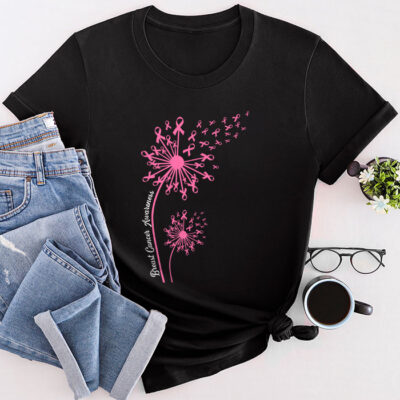 Dandelion Breast Cancer Awareness Pink Ribbon Support Gift Unisex T-Shirt Cotton Tee THM1097