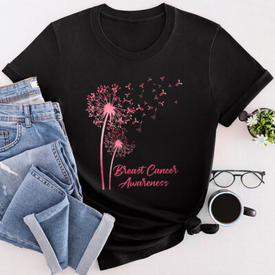 Dandelion Breast Cancer Awareness Pink Ribbon Support Gift Unisex T-Shirt Cotton Tee THM1098