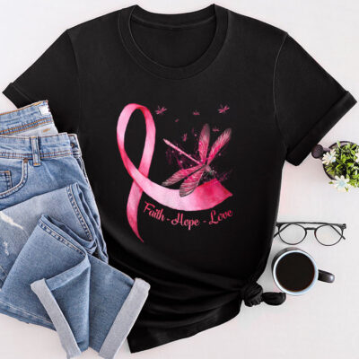 Faith Hope Love Pink Ribbon Breast Cancer Awareness Unisex T-Shirt Cotton Tee THM1066