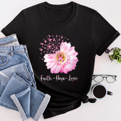 Faith Hope Love Pink Ribbon Breast Cancer Awareness Unisex T-Shirt Cotton Tee THM1067