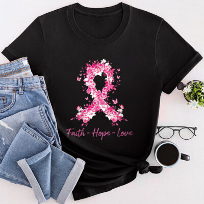 Faith Hope Love Pink Ribbon Breast Cancer Awareness Unisex T-Shirt Cotton Tee THM1068