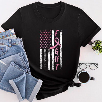 Fight Breast Survivor American Flag Breast Cancer Awareness Unisex T-Shirt Cotton Tee THM1140