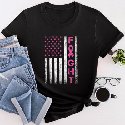 Fight Breast Survivor American Flag Breast Cancer Awareness Unisex T-Shirt Cotton Tee THM1141