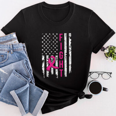 Fight Breast Survivor American Flag Breast Cancer Awareness Unisex T-Shirt Cotton Tee THM1142