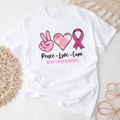 Peace Love Cure Pink Ribbon Cancer Breast Awareness Unisex T-Shirt Cotton Tee THM1017