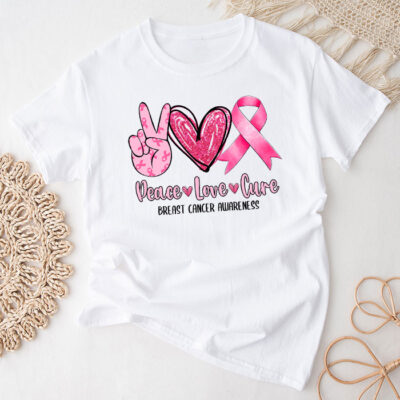 Peace Love Cure Pink Ribbon Cancer Breast Awareness Unisex T-Shirt Cotton Tee THM1018