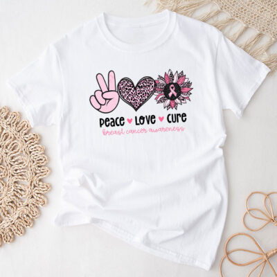 Peace Love Cure Pink Ribbon Cancer Breast Awareness Unisex T-Shirt Cotton Tee THM1019