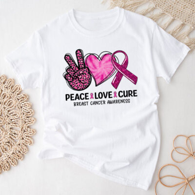 Peace Love Cure Pink Ribbon Cancer Breast Awareness Unisex T-Shirt Cotton Tee THM1020