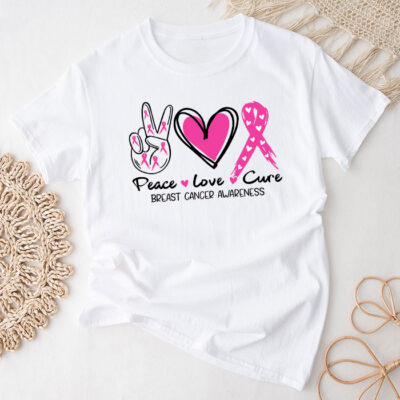 Peace Love Cure Pink Ribbon Cancer Breast Awareness Unisex T-Shirt Cotton Tee THM1021