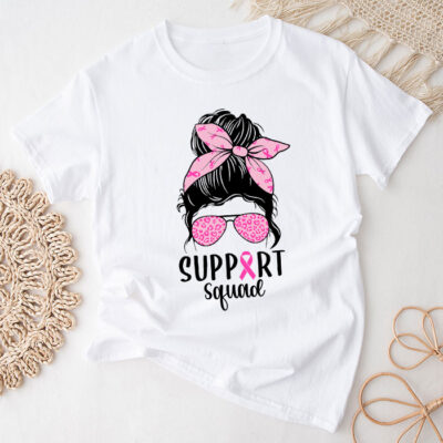 Support Squad Messy Bun Leopard Pink Breast Cancer Awareness Unisex T-Shirt Cotton Tee THM1005