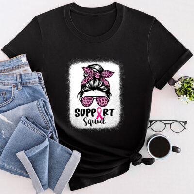 Support Squad Messy Bun Leopard Pink Breast Cancer Awareness Unisex T-Shirt Cotton Tee THM1008